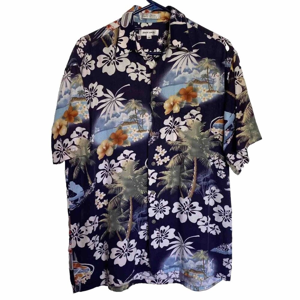 Pierre Cardin Shirt‎ Adult Medium Navy Hawaiian Flowers Palm Trees Surfing Mens